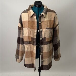 Women's Plaid Flannel Shacket Jacket in Brown and Tan